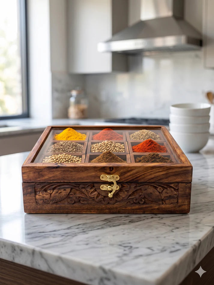 Handcrafted Wooden Spice Box With 9 Movable Boxes