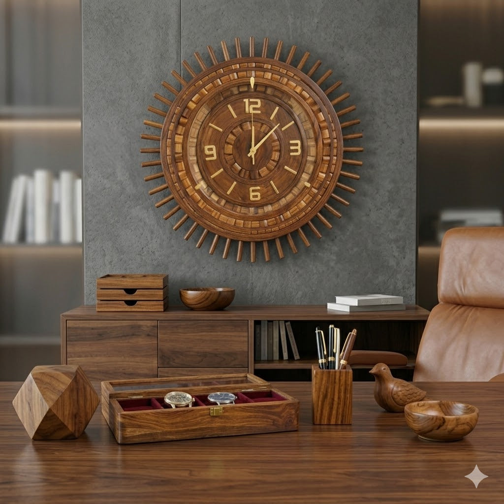 Wooden Sunburst Decorative Wall Clock for Home & Office