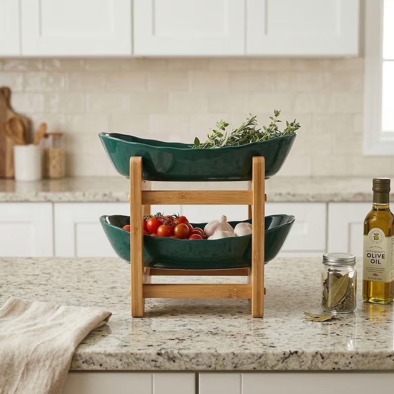 Wooden Fruit Bowl Stand | Tiered Kitchen Organizer | Modern Dry Fruit Display Rack