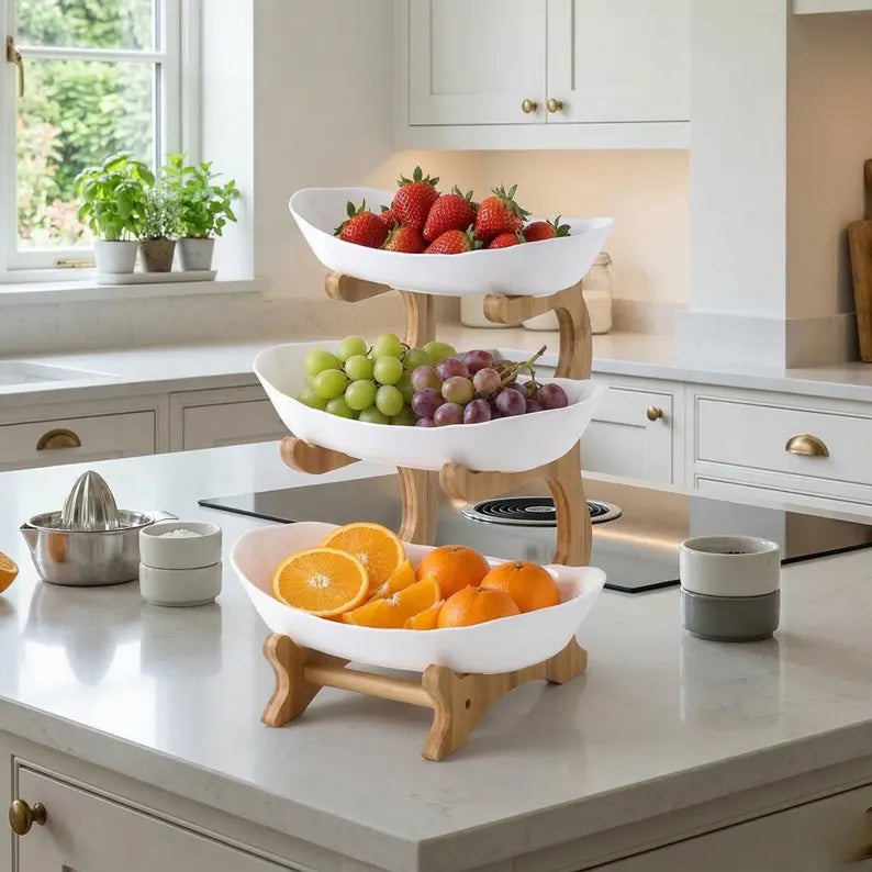 Wooden Fruit Bowl Stand | Tiered Kitchen Organizer | Modern Dry Fruit Display Rack
