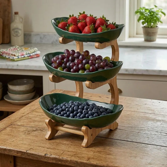 Wooden Fruit Bowl Stand | Tiered Kitchen Organizer | Modern Dry Fruit Display Rack